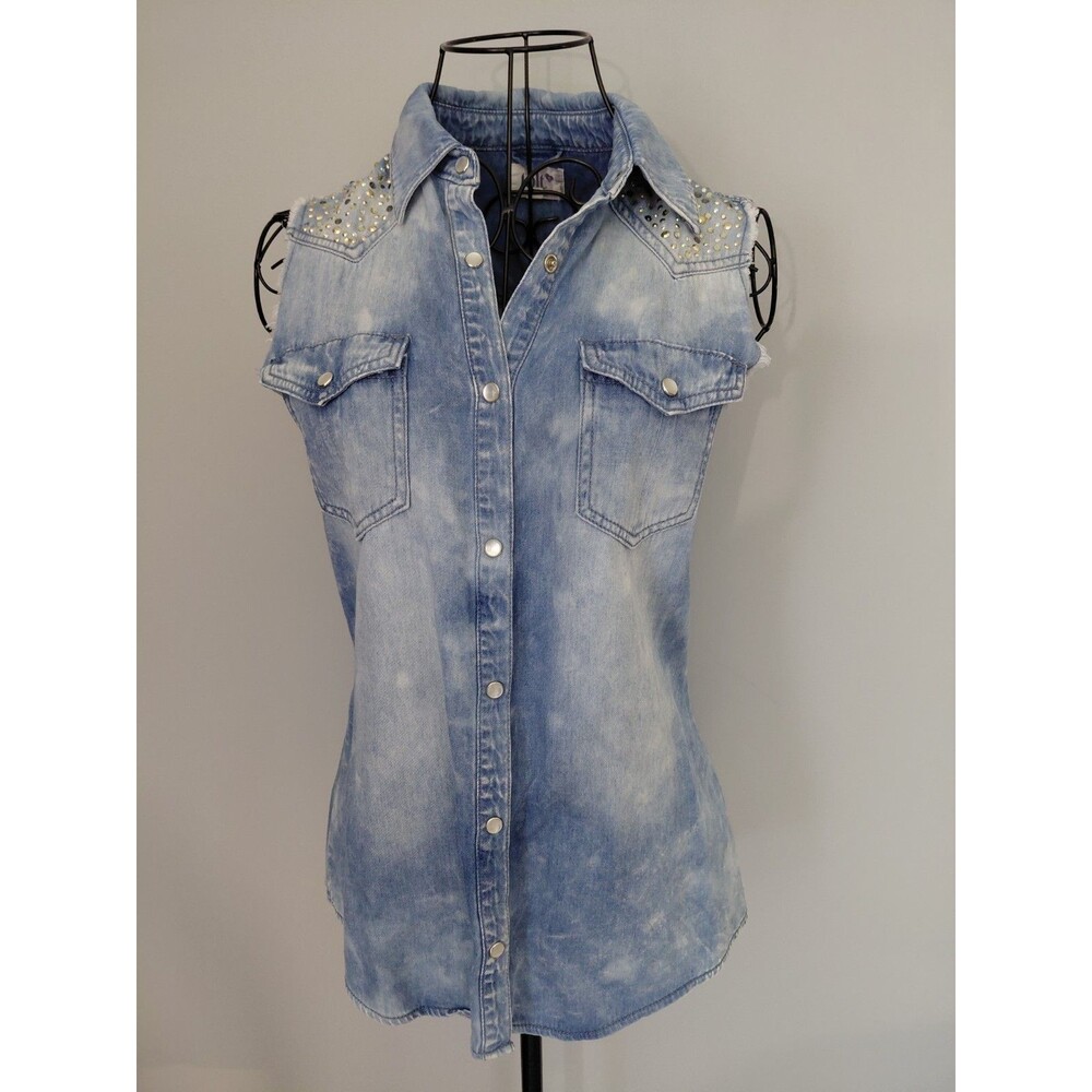 Jolt Denim Shirt Womens XS Rhinestones Sleeveless Frayed Faded *flawed*
